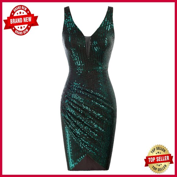 Sequin Deep V Neck Mermaid Dress Ruched Waist Irregular Hem Party Wear